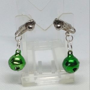 1" Christmas Holiday Green Silver Single Bell Dangle Earring